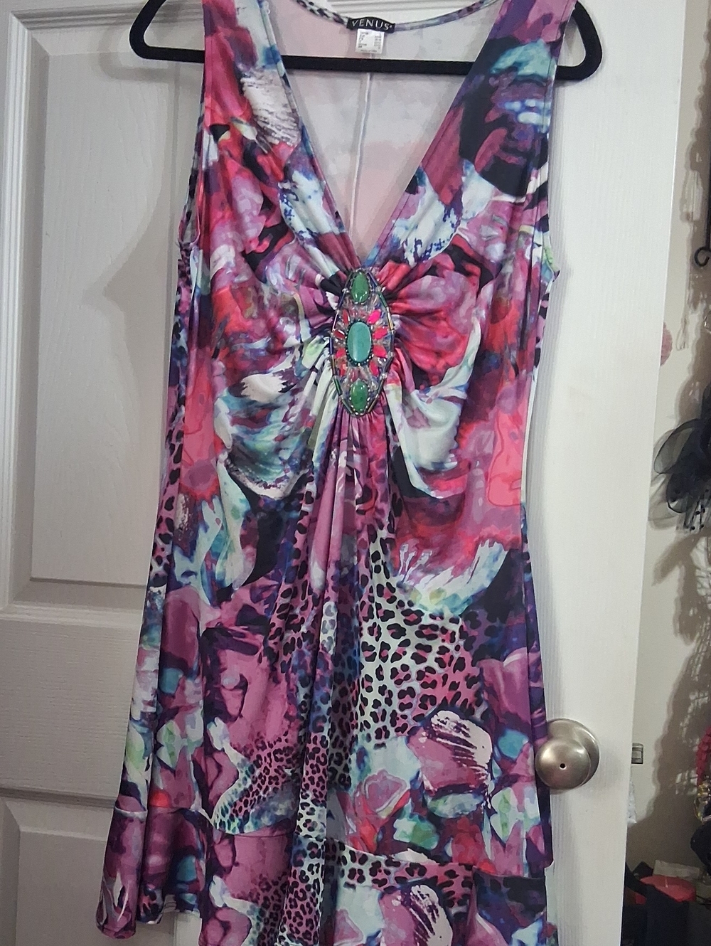 VENUS Purple and Pink Floral Animal-Print Sleeveless Dress w/Center Jewel Sz L.